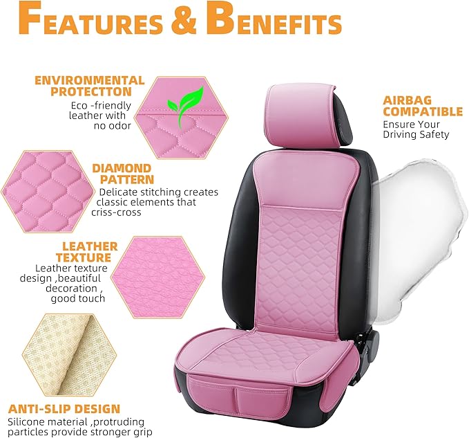 Elantrip 2PCS Front Car Seat Covers Pink Leather Auto for Women Airbag Compatible Diamond Pattern PU Seat Cover Universal Fit
