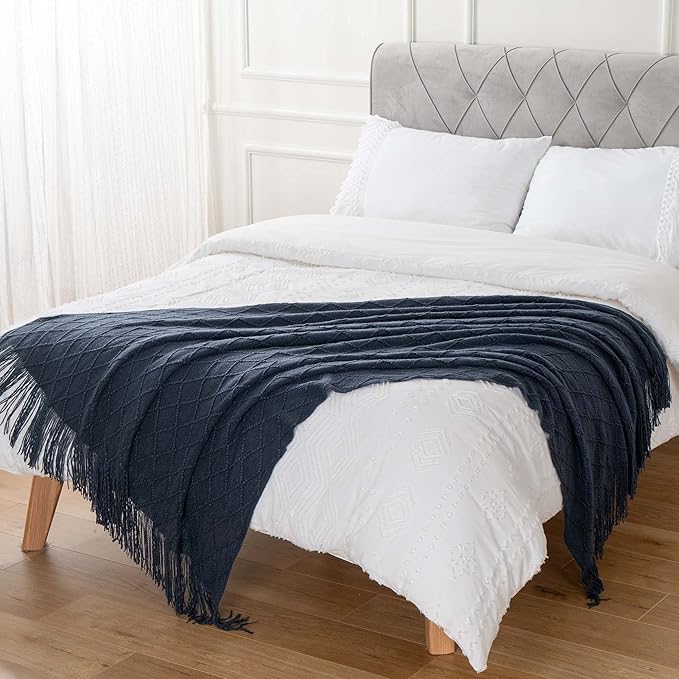 BATTILO HOME Navy Blue Throw Blanket with Fringe, Geometric Bed Blue Throws, Spring Decorative Large Throw for Couch Sofa Ind