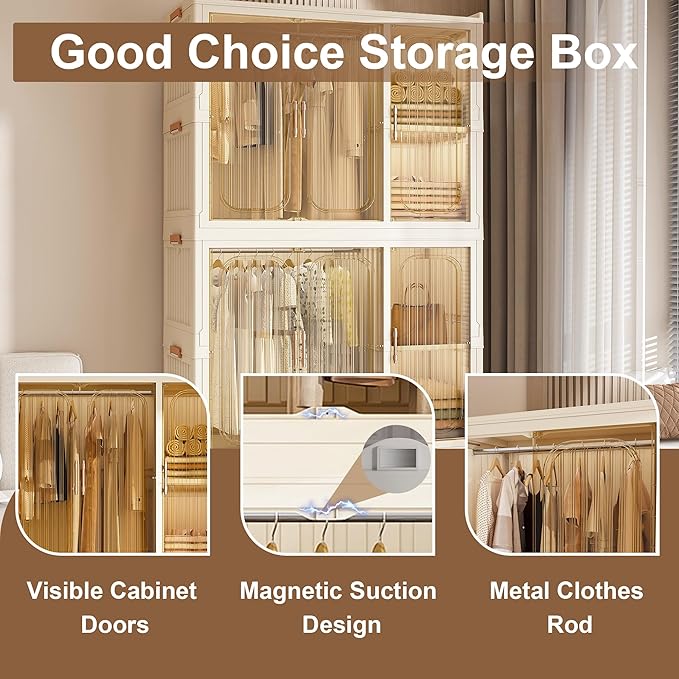 Portable Closet Wardrobe with Magnetic Doors, Foldable Armoire Wardrobe Closet with 2 Hanging Rods, 9 Cubes and 6 Hangers, Be