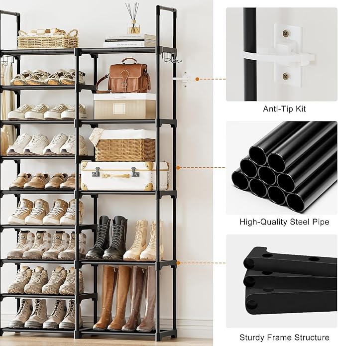 WOWLIVE 9 Tiers Shoe Rack Shoe Storage Shoe Organizer 30-35 Pairs Shoe Tower Unit Shelf Durable Metal Pipes with Plastic Conn