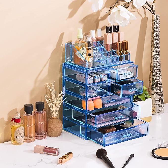 Sorbus Acrylic Makeup Organizer Set, 7-Drawer Vanity & Countertop Cosmetic Storage with Small & Wide Compartments, Blue Brill