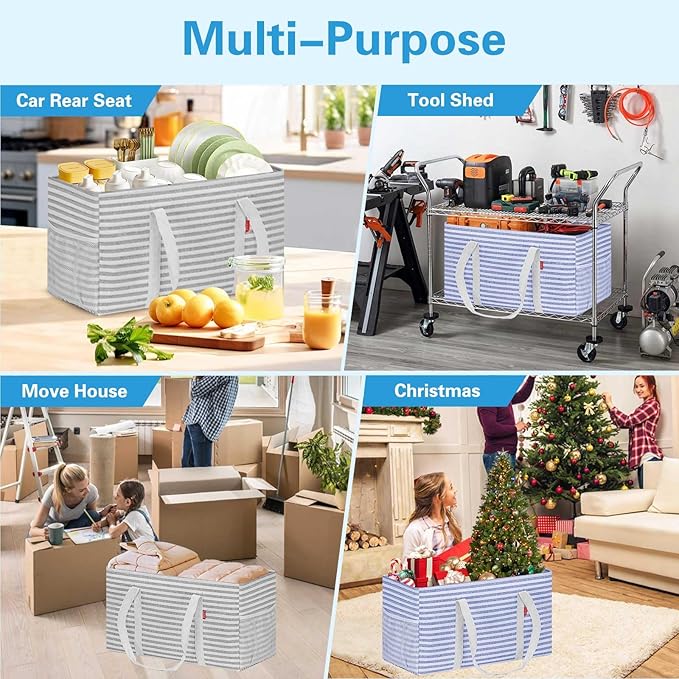 LHZ.K Standing Extra Large Utility Tote Bag 2 Pack, Foldable Reusable Grocery Bags with Metal Wire Frame & Hard Bottom Board