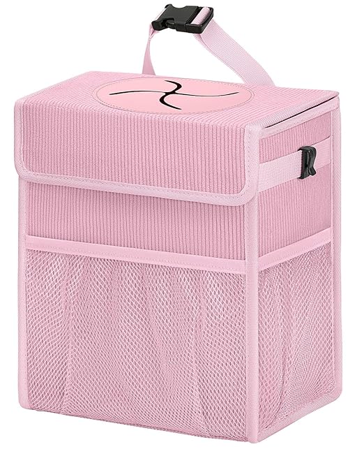 Corduroy Car Trash Can with Lid and Mesh Pockets - Leakproof Organizer,Multipurpose Waterproof Garbage Can/Trash Bin for Car(Light Pink-3 Gallons)