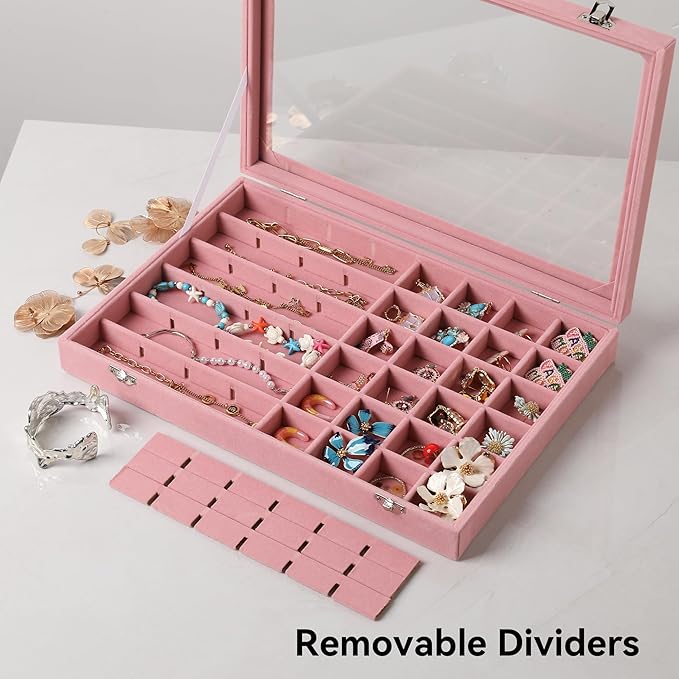 Frebeauty 48 Grid Jewelry Tray,Adjustable Earring Holder Organizer with Glass Lid,Velvet Drawer Jewelry Organizer for Rings,S