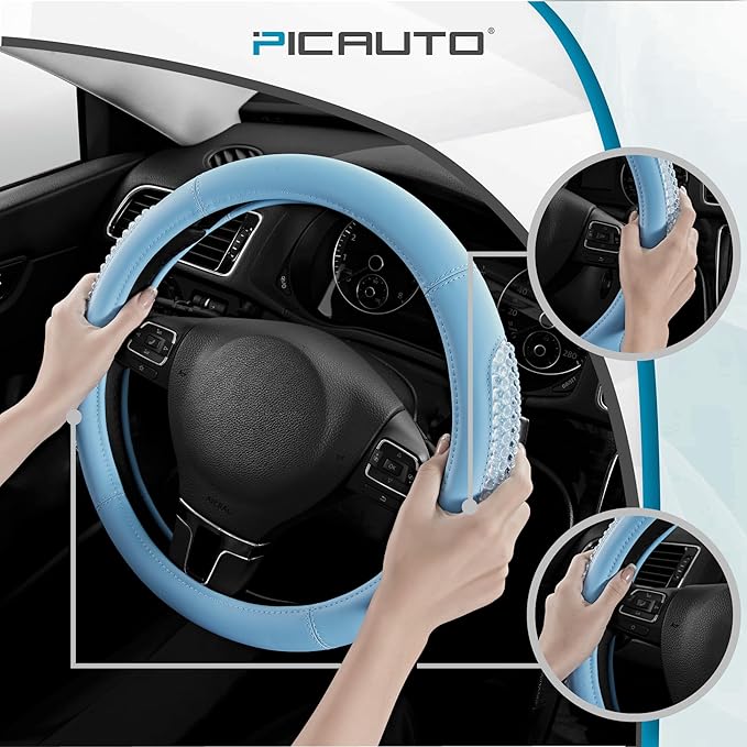 PIC AUTO Steering Wheel Cover, Glitter Gel Particles & Blue Luxury Leather Car Steering Cover, Universal Fit 14.5"-15.5" Anti