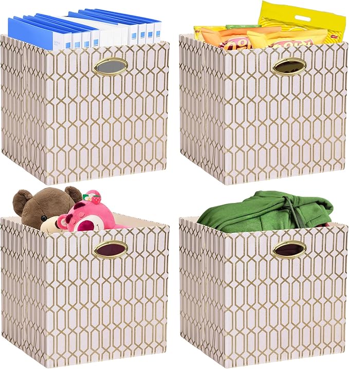 Posprica Storage Bins, Storage Cubes,13×13 Fabric Drawers Organizer Basket Boxes Containers (13×13×13/4pcs, Cream/gold geomet