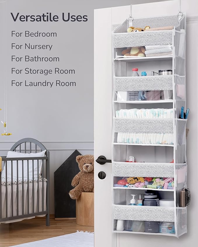 ULG 1 Pack Over Door Organizer with 5 Large Pockets 10 Mesh Side Pockets, Upgraded Linen Texture Over The Door Storage, 44 lb