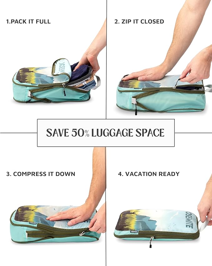 TRIPPED XL Compression Packing Cubes — 7-Piece Set for Checked Luggage | Extra-Large (15.7"×11"×4") + Large + Small + Tube + 