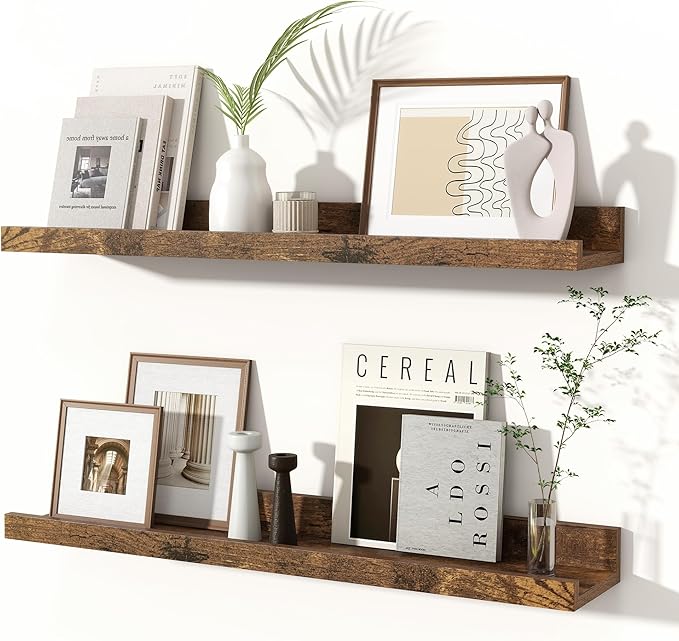 Fun Memories Picture Ledge Shelves Set of 2, 24 Inch Rustic Wall Mounted Floating Shelves with Lip for Home Storage and Décor