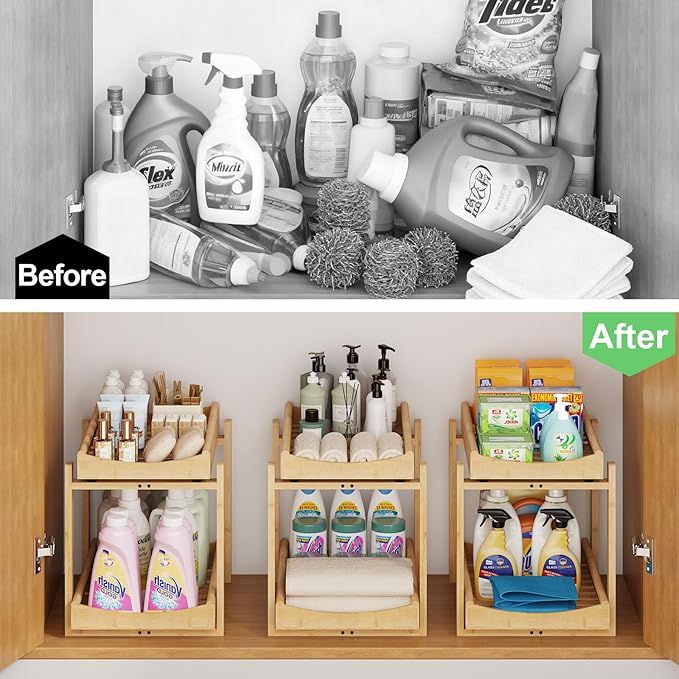 Bamboo Under Sink Organizer and Storage, 2 Pack Pull Out Cabinet Organization, 2 Tier Vertical Slide Out Undersink Storage Sh