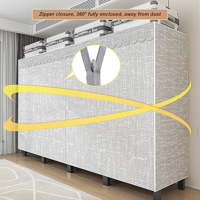 Portable Foldable Wardrobe Closet, Grey Heavy Duty Garment Rack with Fabric Cover and 2 Hanging Rods, 50cm Large Capacity Ext