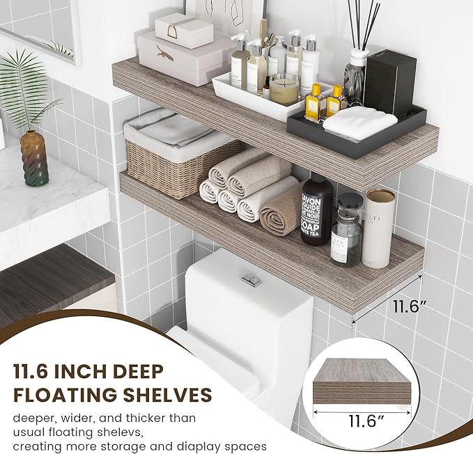 Deep Floating Shelves | 36 Inch Grey Floating Shelves Set of 2 | 12 Inch Deep Rustic Wood Shelves for Wall | 36" W x 12" D Gr