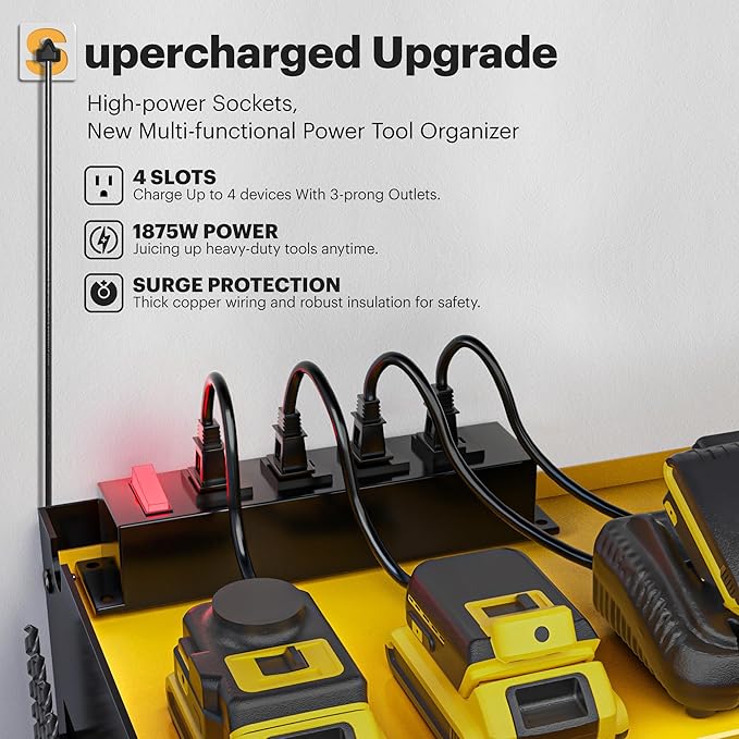 Spampur Power Tool Organizer Wall Mount with Charging Station, Tool Battery Holder with 4 Outlet Power Strip15 Min Assembly &