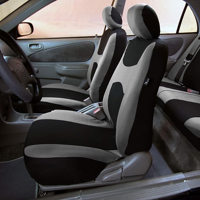 FH Group 3 Row Set 7 Seater Light & Breezy Flat Cloth Car Seat Covers, Combo Steering Wheel Cover & Seat Belt Pads, Airbag an