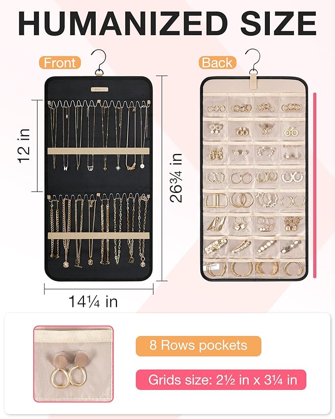 BAGSMART Hanging Jewelry Organizer Storage Roll with Hanger Metal Hooks Double-Sided Jewelry Holder for Earrings, Necklaces, 