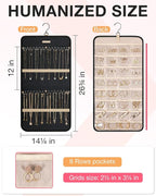 BAGSMART Hanging Jewelry Organizer Storage Roll with Hanger Metal Hooks Double-Sided Jewelry Holder for Earrings, Necklaces, 