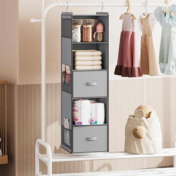 YOUDENOVA Hanging Closet Organizer, 5 Tier Hanging Closet Shelves with 6 Side Pockets and 2 Drawers, Light Grey