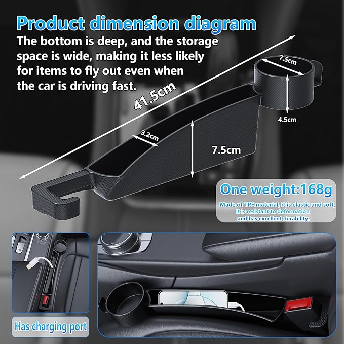 Seat gap filler Compatible with Crosstrek/Forester.Deeper Than Standard Retail Models(7.5cm)|Added Cup Holder (2 Fixed Points) + Hooks + Charging Cable Port |2pcs Black| Free Window Break Hammer 1pcs|