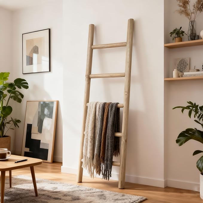 Wooden Blanket Ladder - 57in Natural Wood Color- Leaning Wall Decor for Bedroom, Bathroom, Living Room - Rustic Quilt Holder 