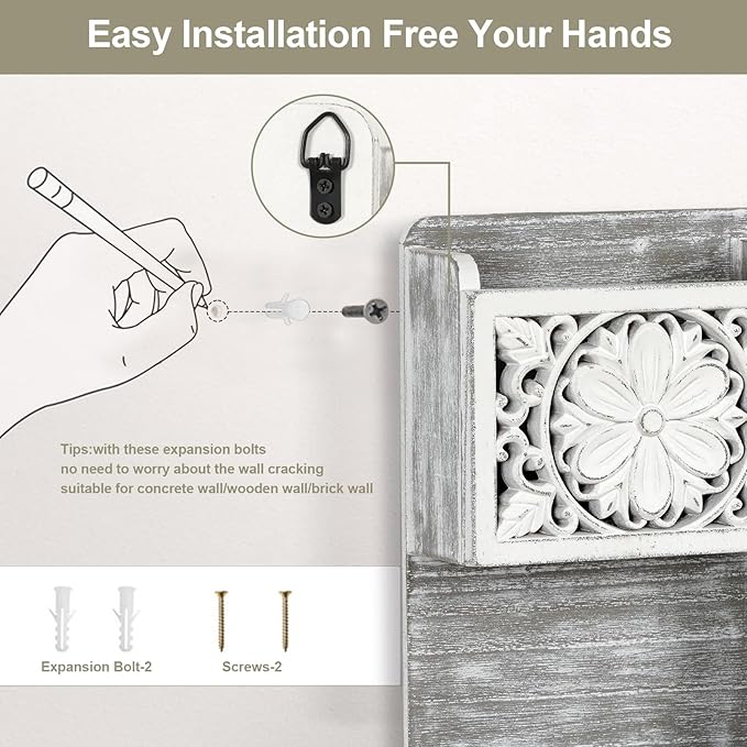 Mail Organizer Wall Mounted, 2 Slots Key Holder for Wall with 8 Hooks, Rustic Wood Key Rack with Shelf for Entryway Hallwall 