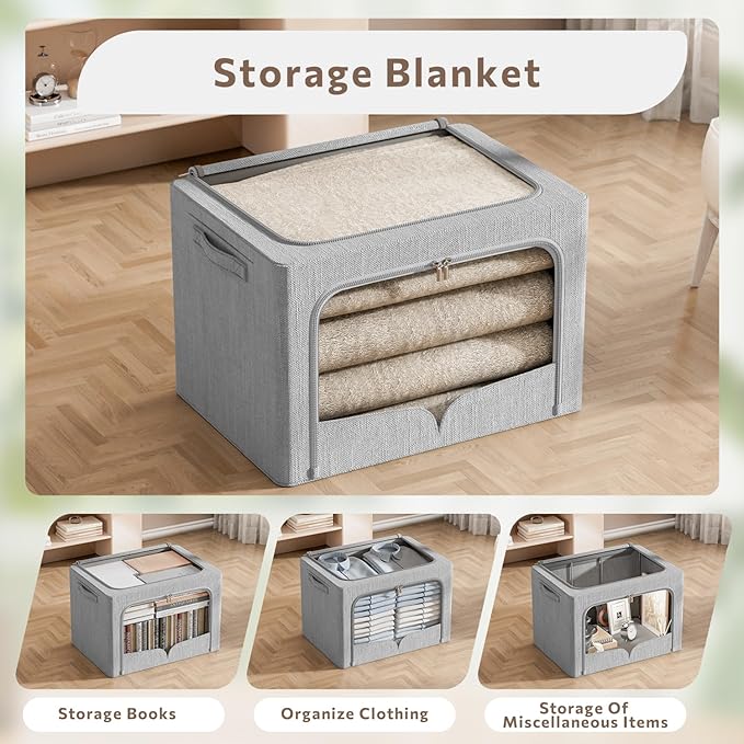 FHSQX 3 Pack Clothes Storage Bins Foldable Metal Frame Storage Box Extra Large Stackable Linen Fabric Organizer Set with Carr
