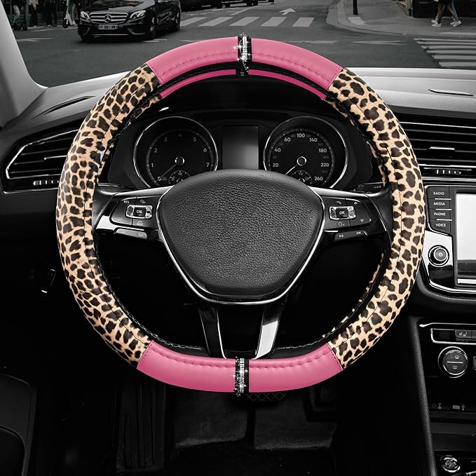 Road Comforts Leopard Steering Wheel Cover for Women, Cute Anti-Slip Microfiber Leather, Fits D Shape Flat Bottom Steering Wh
