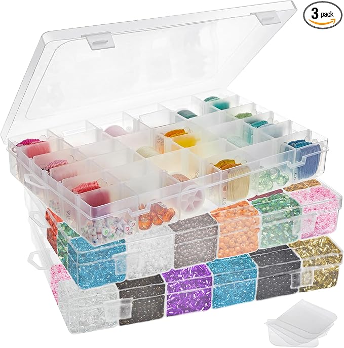 Juvale Jewelry Organizer Box - 3-Pack, 1.7 x 10.75 x 7 In, Clear Plastic - Bead Storage Containers with 36 Compartments & Div