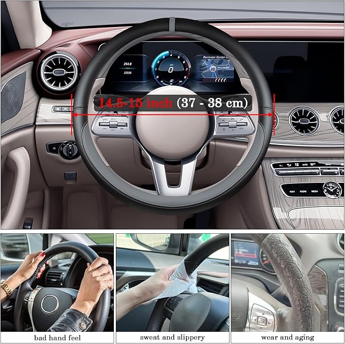 Black Gray Car Steering Wheel Cover, Nappa Leather, Bottom Color Blocking, Universal 14.5-15 Inch Leather Anti-Slip Breathabl