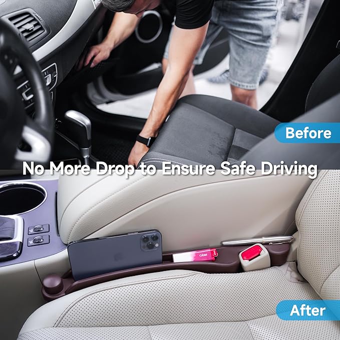 Car Seat Gap Filler Set of 2, 3IN1 Seat Side Gap Filler Plug with Storage Slot & Hook Function, Soft Foam Universal Fit Car SUV Truck Fill Gap Between Seats Console Organizer（Narrow Deep Brown）