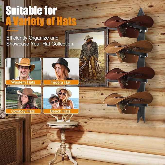 Cowboy Hat Rack, Cowboy Hat Holder Wall Mount Holds up to 4 Hats, Wooden Western Rustic Metal Cow boy Hat Hanger with Arrow S
