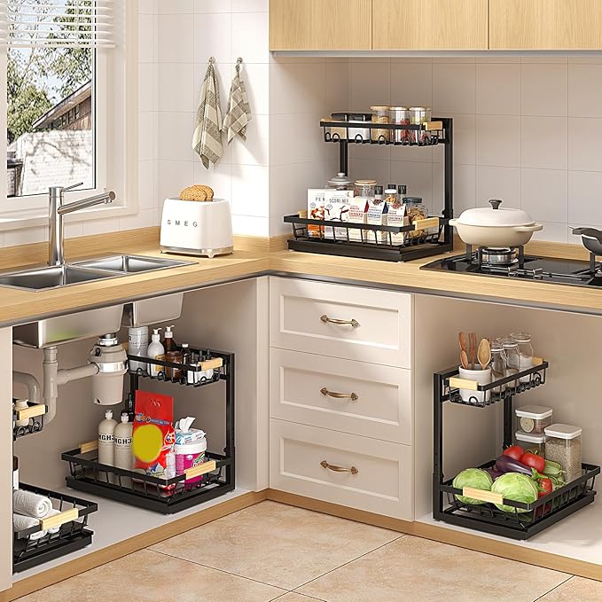 Sevenblue 2 Packs Under Sink Organizer, Height Adjustable 2 Tier Under Kitchen Sink Organizer, Multi-Purpose Storage Shelf fo