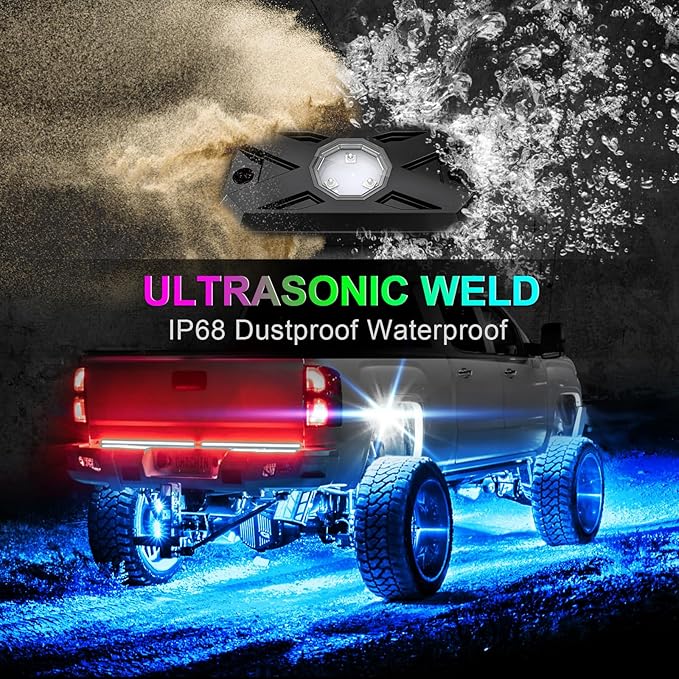 YiLaie RGB LED Rock Lights Kit 4 Pods, Upgraded Underglow Multicolor LED Light Pod with APP/RF Remote Control, Flashing Music Mode, Waterproof Multicolor Rock Lights for Trucks ATV UTV RZR SUV