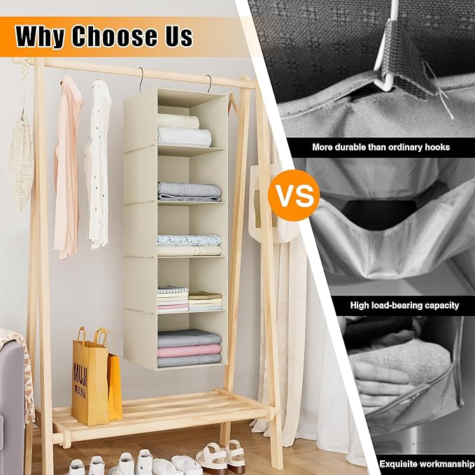 Hanging Closet Organizer, Easy Mount Foldable 5-Shelf Hanging Closet Wardrobe Storage Shelves, Clothes Handbag Shoes Accessor