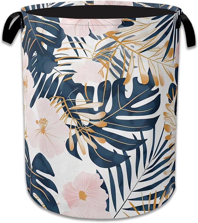 Palm Leaves Flowers Laundry Basket Collapsible Laundry Hamper Clothes Toy Storage Bin for Bathroom Bedroom Room Decor 16" X 2