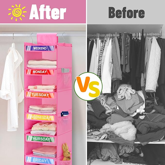 6-Shelf Weekly Clothes Organizer for Kids, Hanging Daily Closet Organization with 6 Side Pockets, Days of The Week Clothing D