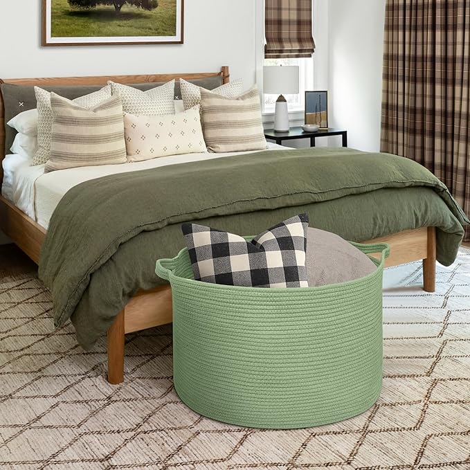 MEGASKET 115L Oversized Green Basket, 23.6"x15.7" Woven Cotton Rope Bin for Blankets, Nursery Wicker Laundry Hamper, Kids Toy