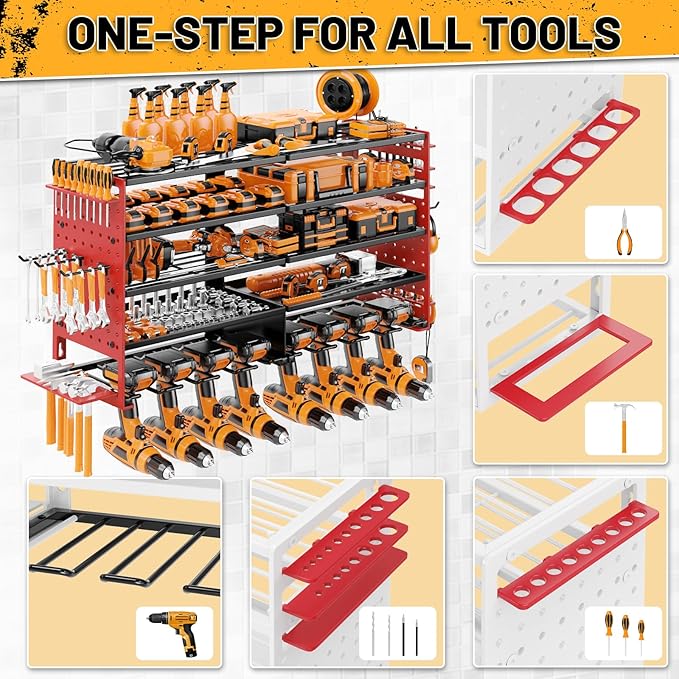 5 Layers Power Tool Organizer Wall Mount, Metal Cordless Tool Hanger Storage Rack Holder with 8 Drill Holders, Heavy Duty Gar