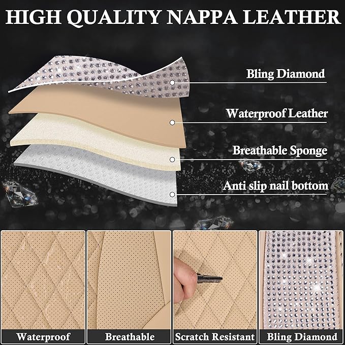 CAR PASS Beige Leather Bling Car Seat Covers Full Set, Luxury Microfiber Nappa PU Cushioned, Waterproof Anti-Slip Universal F