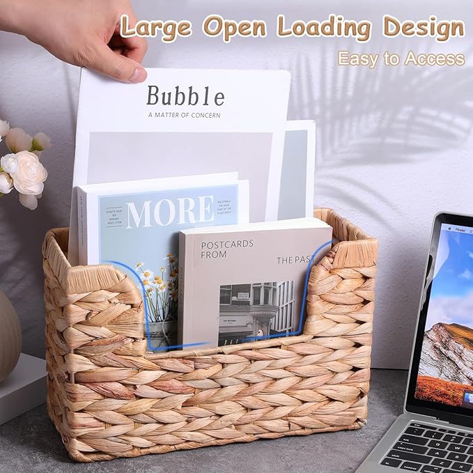 WLLHYF Woven Hanging Magazine Holder Water Hyacinth Storage Basket Wall Mounted Wicker Organizer Boho Modern Farmhouse Book R