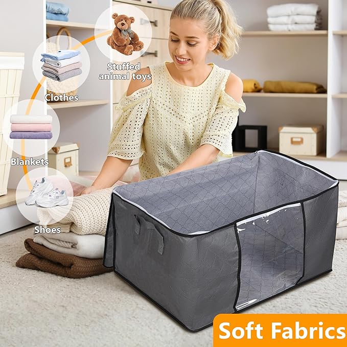 90L Large Blanket Storage Bags, 8 Pack Clothes Storage Bag Comforter Storage Bin with Reinforced Handle and Lid Foldable Clos