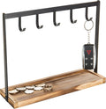 MyGift Black Metal Entryway Key Holder with 5 Hooks and Burnt Wood Base, Tabletop Necklace and Jewelry Organizer Rack with Ri