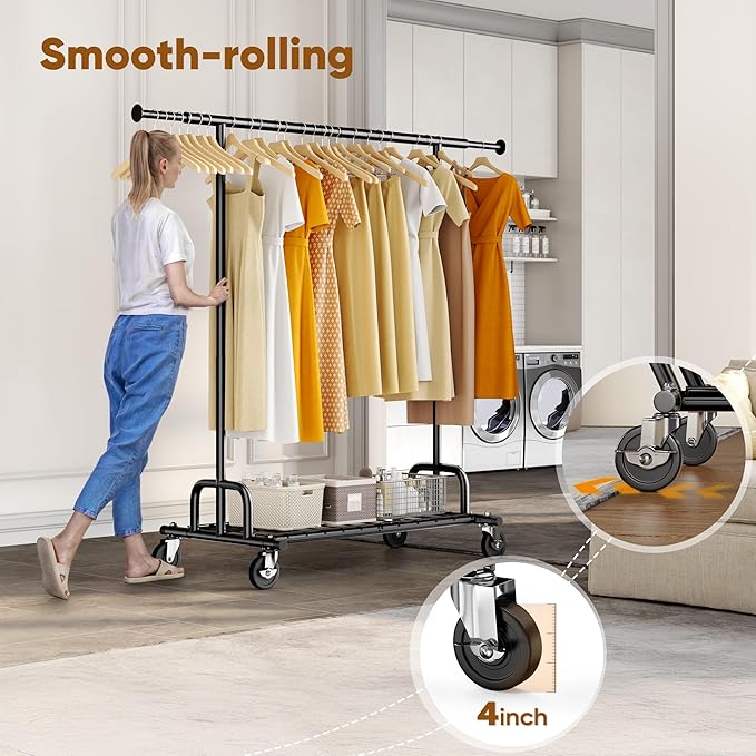 HOKEEPER Clothes Rack Collapsible Clothing Garment Rack Capacity 525LBS Clothing Racks on Wheels Heavy Duty Rolling Clothes R