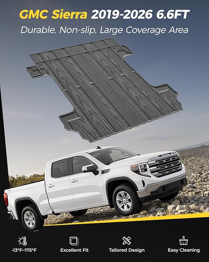 3W Truck Bed Mat Fit 2019-2024 2025 2026 Chevy Silverado 1500 & GMC Sierra 1500 6.6FT Standard Bed (Not Fit 5.5'/5.8'/6.8'/8.2' Bed) All Weather TPE Custom Fit Heavy Duty Pickup Accessories Trunk Mat