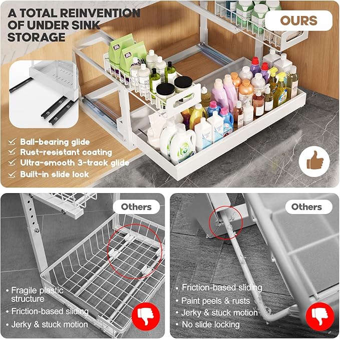 1 Pack-16"-26"W Expandable Under Sink Organizer With Upgrade Ball-Bearing Slide,2-Tier Pull Out Under Cabinet Organizer Heigh