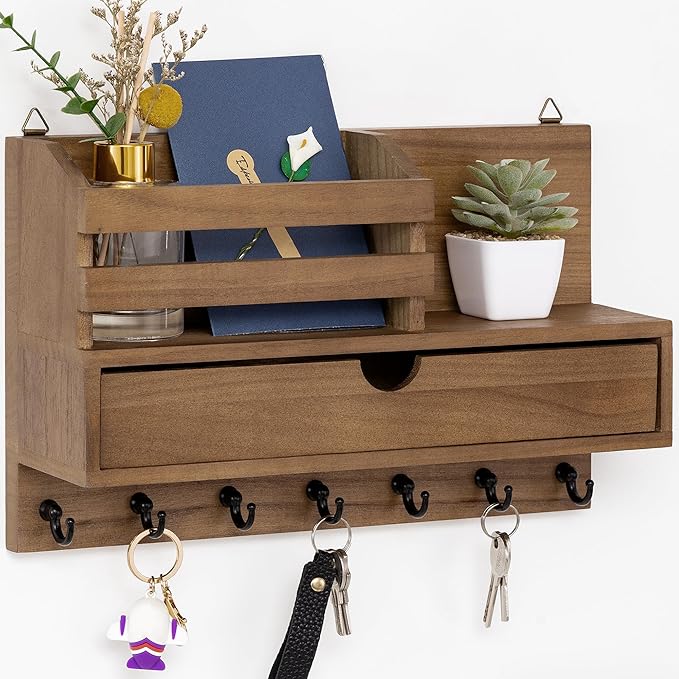 dreampossible Key and Mail Holder for Wall, Mail Organizer Wall Mount with 6 Hooks and Storage Drawer, Wooden Key Rack Hanger