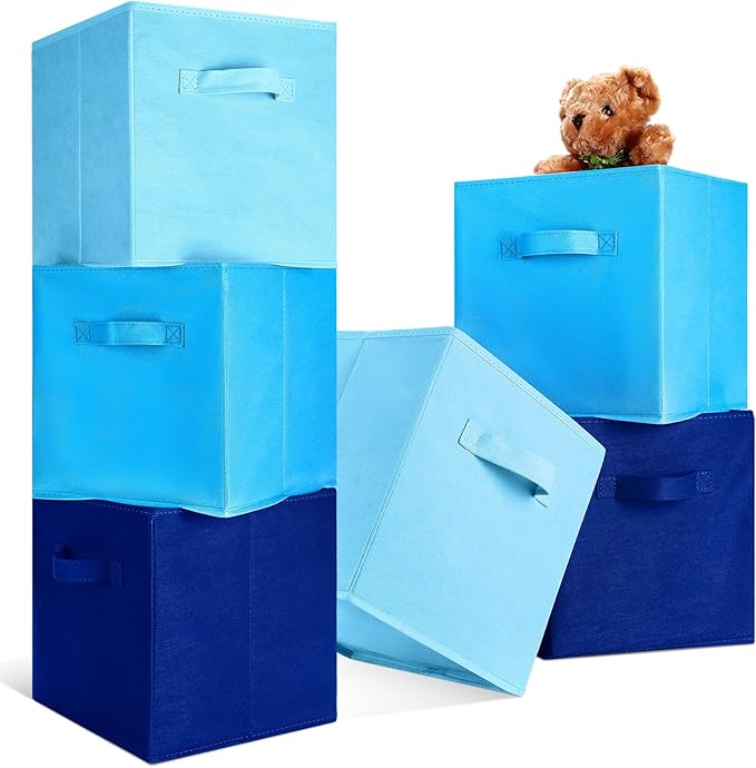 Karenhi 11 x 10. 5 x 10. 5 Blue Storage Cube, 6 Pack Fabric Cube Storage Bins Organizer Box, Collapsible Baskets with Handles