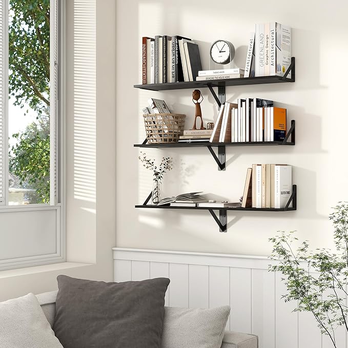 Axeman Floating Shelves for Wall, 16W x 8D Black Floating Shelves Set of 2, 8 Inch Deep Wall Mounted Shelves for Bookshelf Li