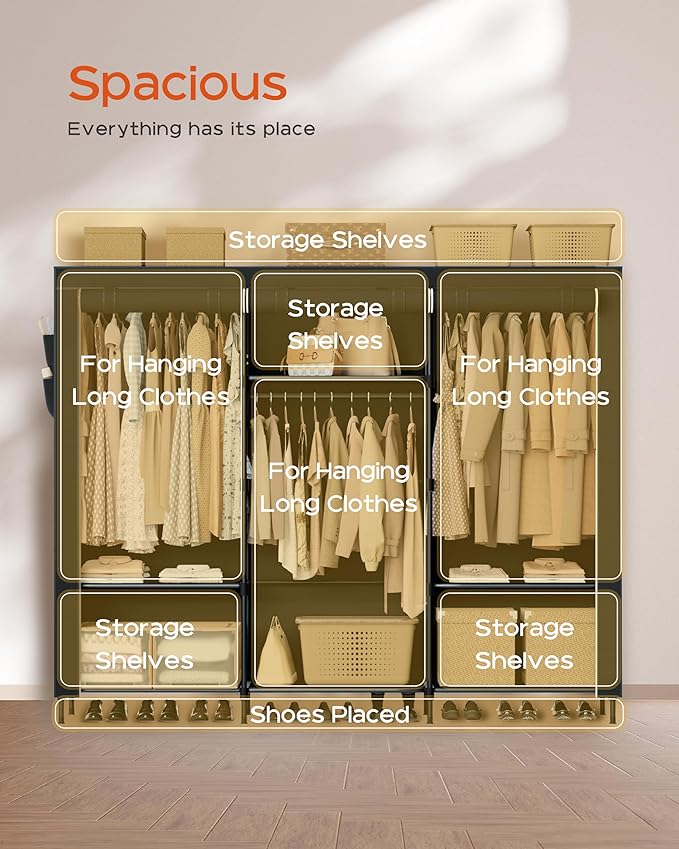 CASAMAYA Portable Closet, 81.1 Inch Extra Large Capacity Wardrobe Closet with Cover, Clothes Storage Organizer with Shelves a