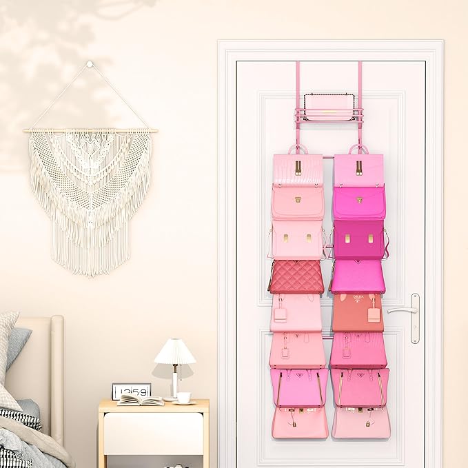 SWTYMIKI Over The Door Purse Organizer - Wall Mounted Handbag Organizer with 16 Hooks and Metal Basket, Hanging Purse Storage