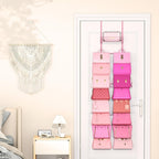 SWTYMIKI Over The Door Purse Organizer - Wall Mounted Handbag Organizer with 16 Hooks and Metal Basket, Hanging Purse Storage
